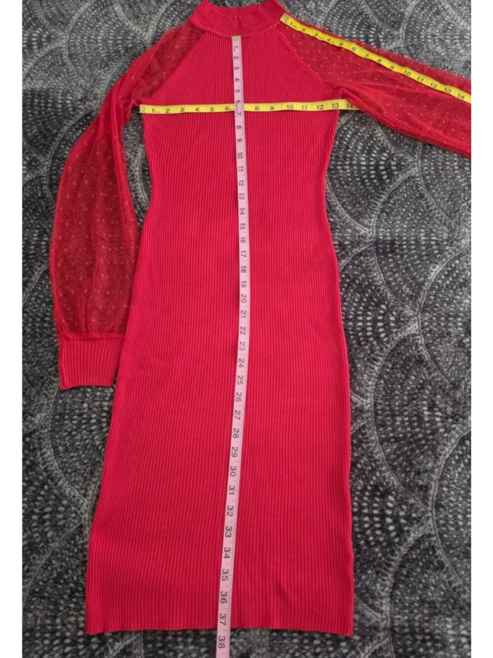 ALMOST FAMOUS  Red Ribbed Knit Turtleneck Sheer Sleeve Bodycon Dress Size S - Picture 5 of 11
